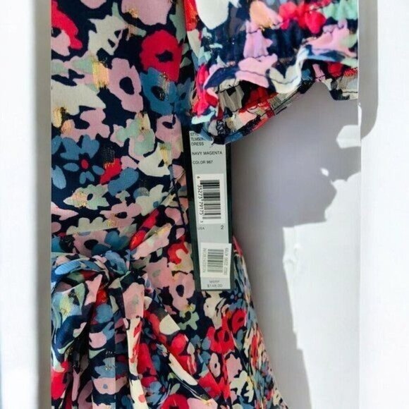 Tahari Womens Navy Vneck Short Sleeve Tiered Multicolor Surplice Dress NEW 2 - Picture 4 of 13